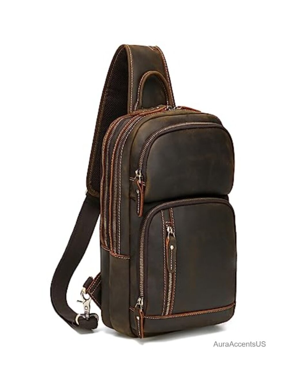 Full Grain Leather Sling Bag Fits 12.9" iPad Crossbody Chest Daypack